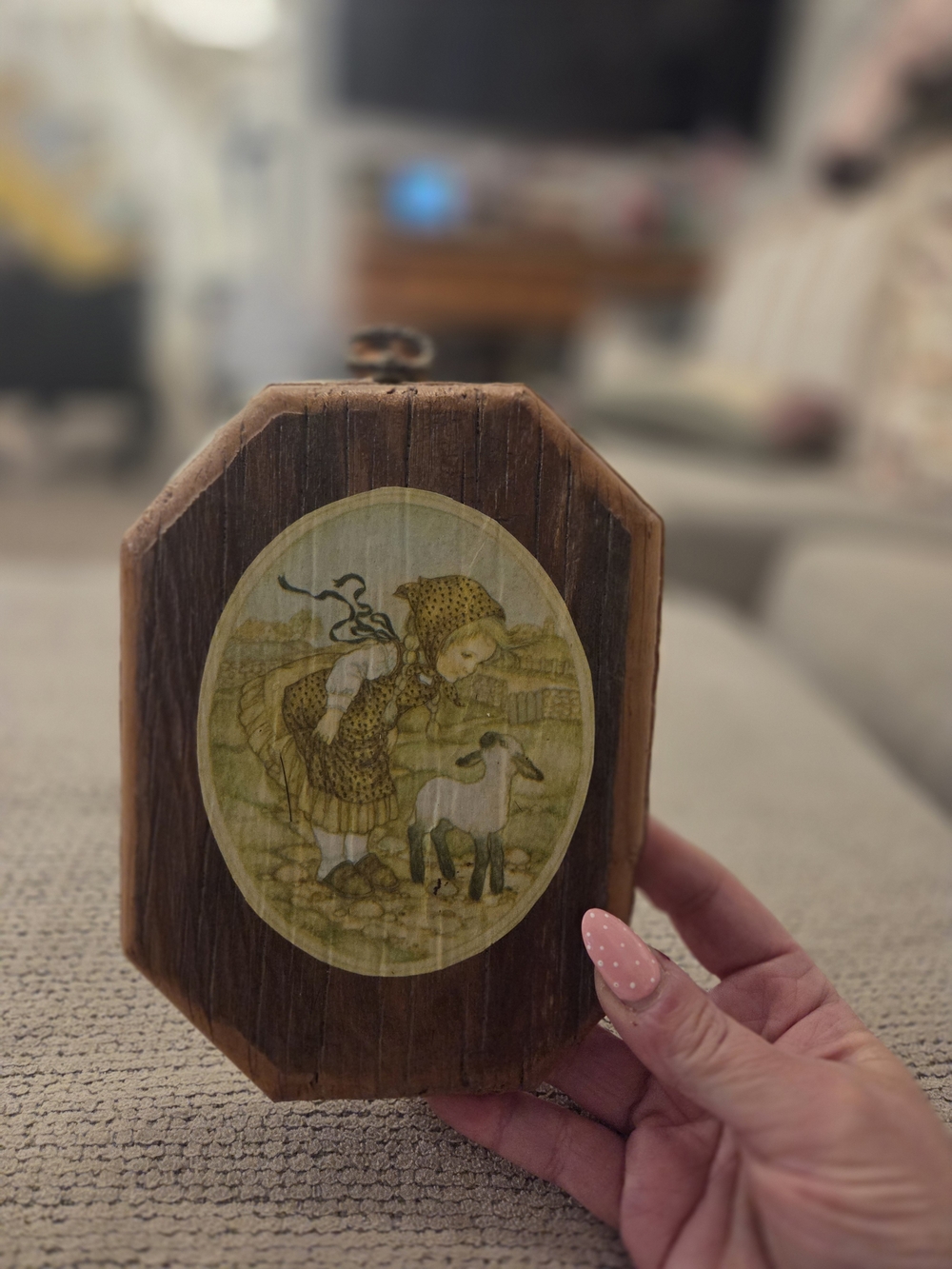 Vintage Brown Wood Plaque with Pastel Green Illustration